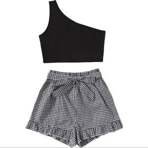 One shoulder top and gingham belted shorts